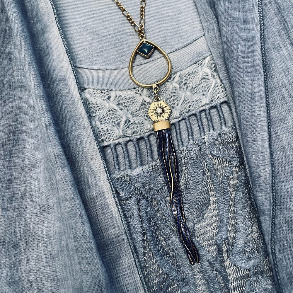 Gold Metal and Blue Stone Long Necklace - Picture 8 of 11